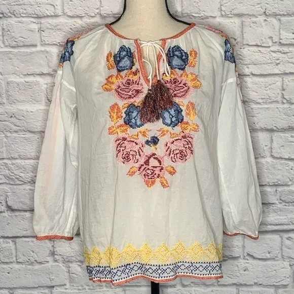 Tolani Floral Embroidered Tassel Tie Peasant Top - Picture 5 of 11